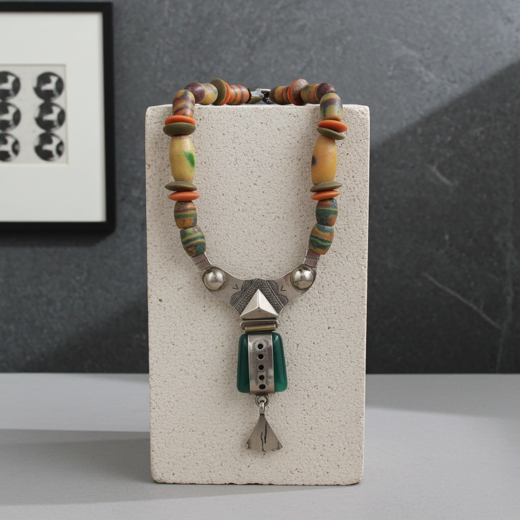 African Antique Silver & Jade Beaded  Pendant Necklace