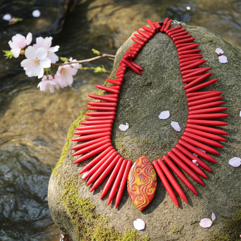 Big Bold Necklace Handmade Red Stick Bead Cleopatra Collar