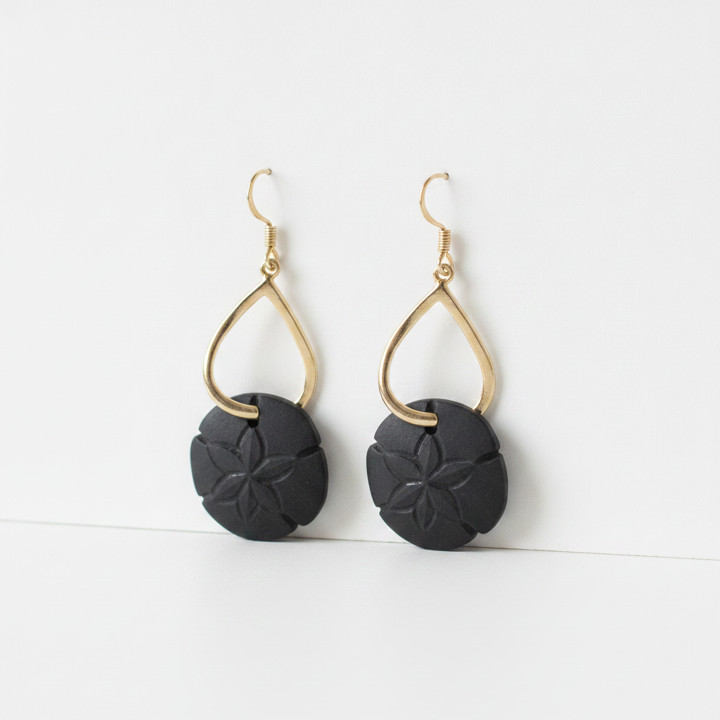Black Sand Dollar Sea Glass Drop Earrings Gold