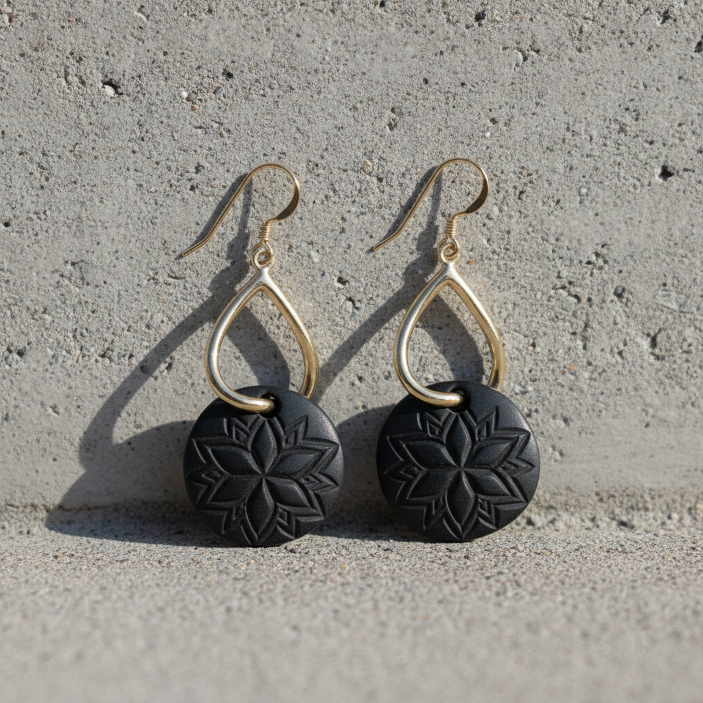 Black Sand Dollar Sea Glass Drop Earrings Gold