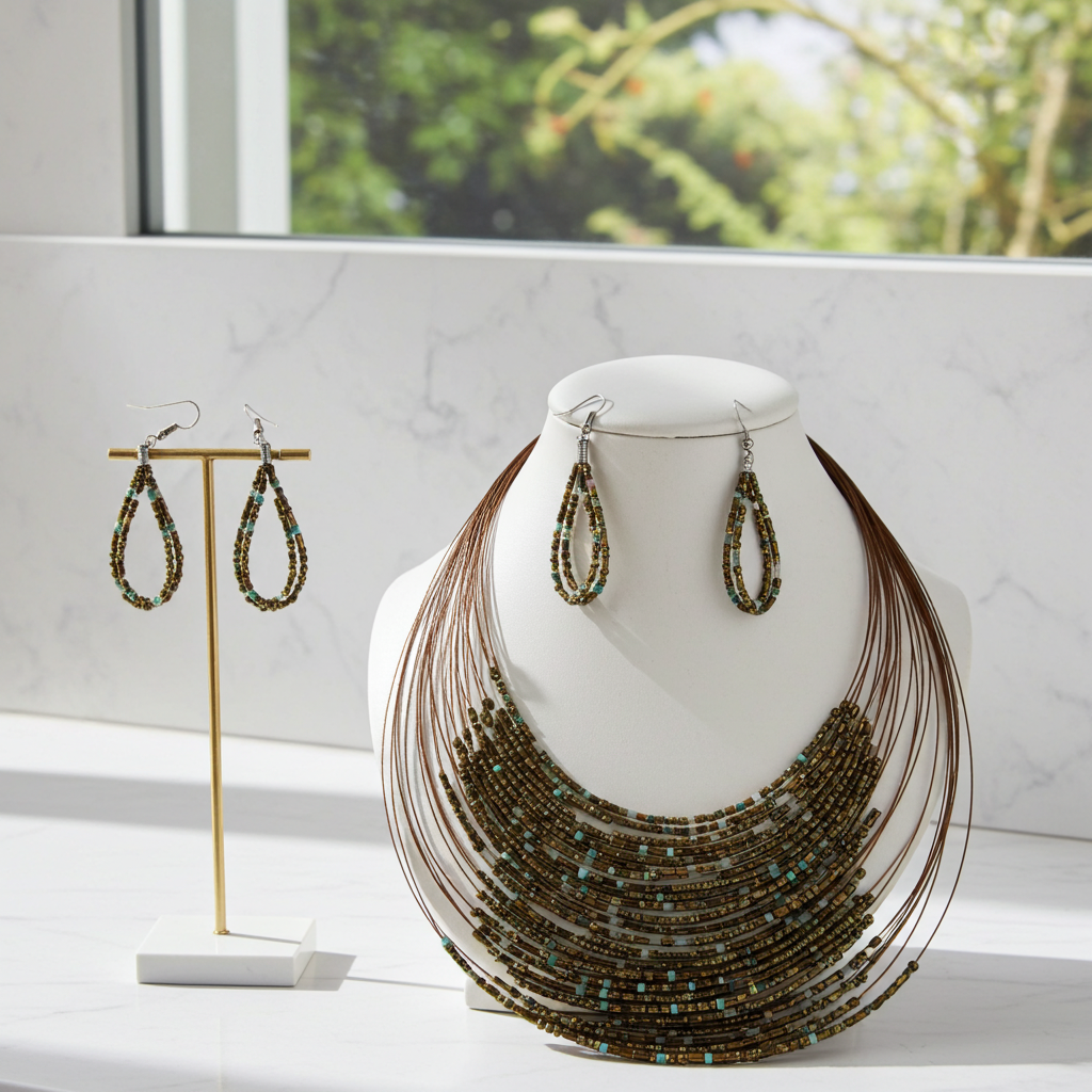 Gold Seed Bead Multi-strand  Necklace & Earrings