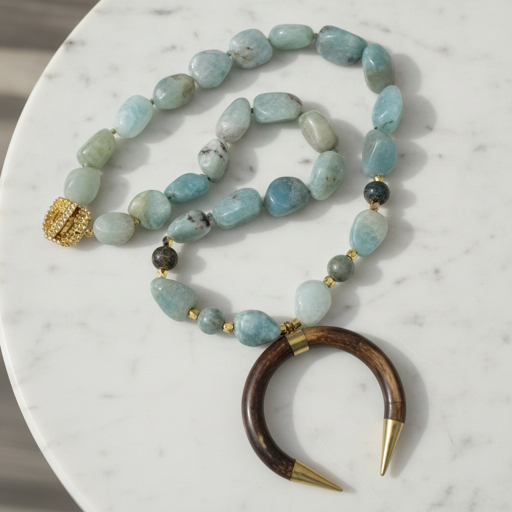 Bold Statement Amzonite Nuggets & Bone Crescent Pendant Necklace