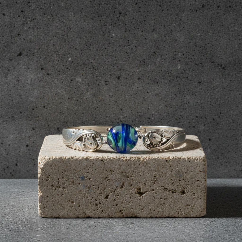Spoon Cuff Bangle Bracelet with Blue Handmade Artisan Bead