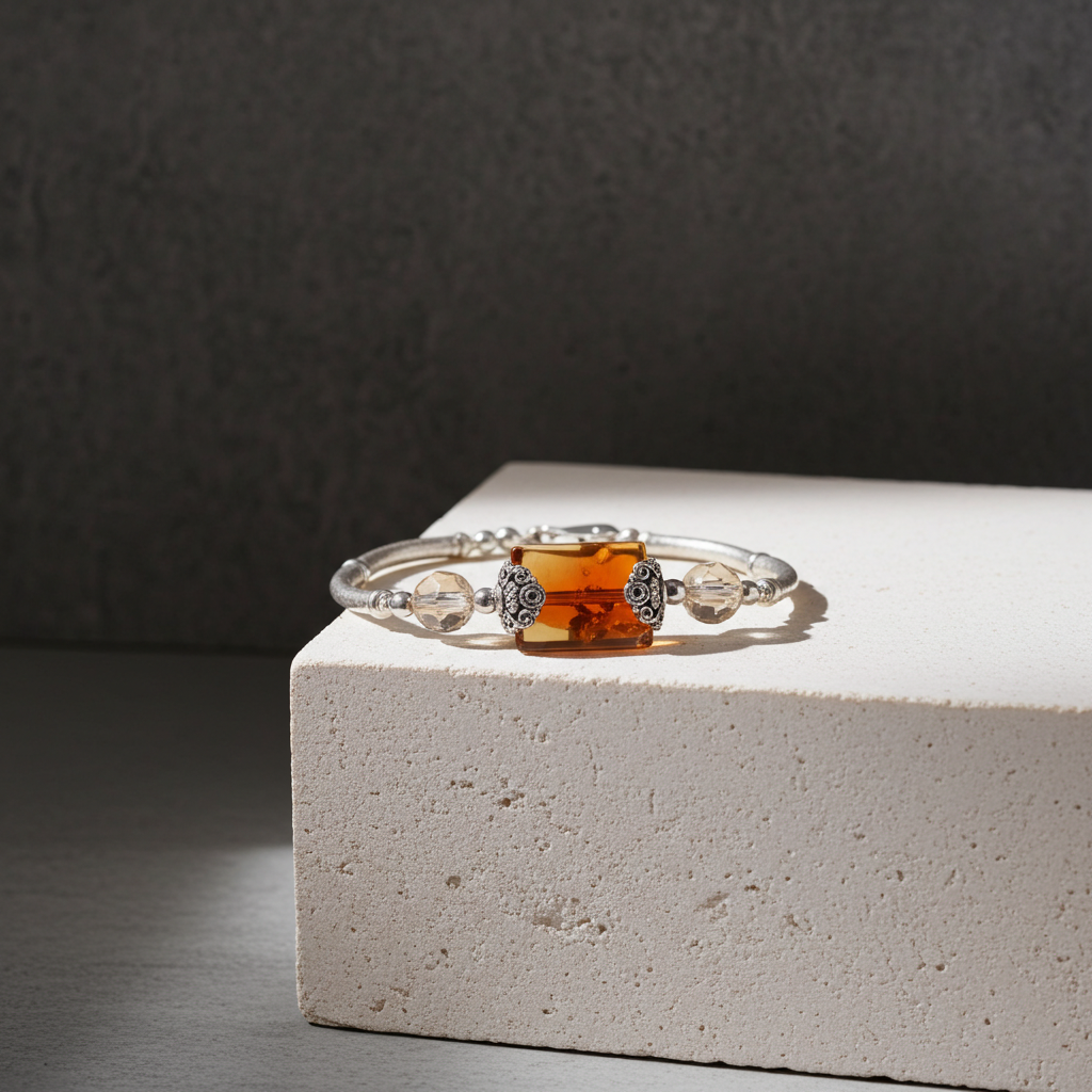 Agate, Crystal and Silver Bangle  Bracelet