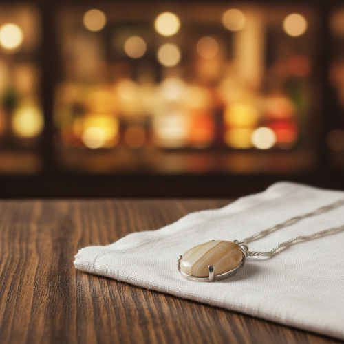 A silver-toned oval pendant necklace with a striped beige and cream stone, resting on a folded white linen cloth over a wooden table with a blurred bar background.
