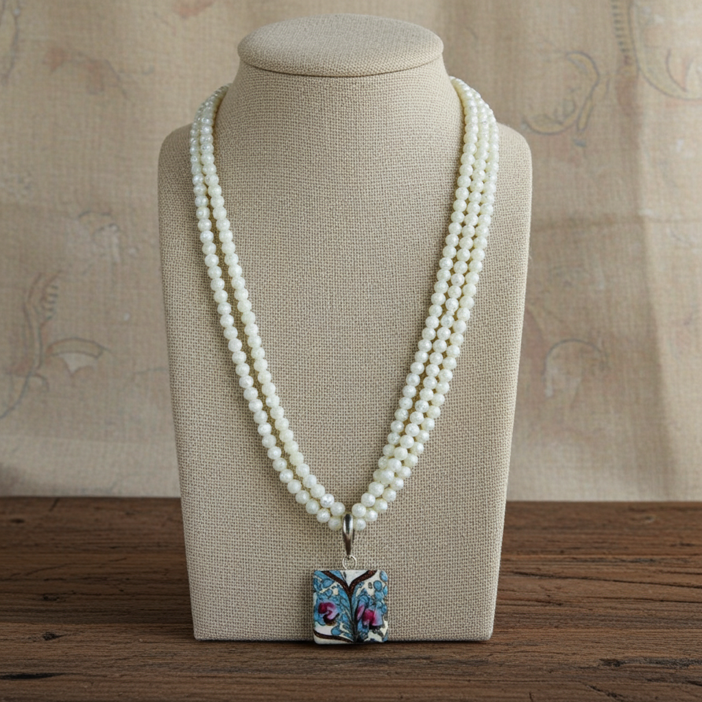 Handmade Venetian Glass Pendant with Mother of Pearl Necklace