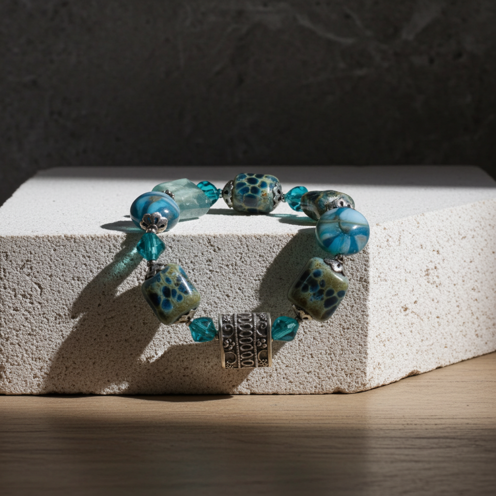 Turquoise Artisan Bead  and Larimar Blue Agate Bead  Bracelet