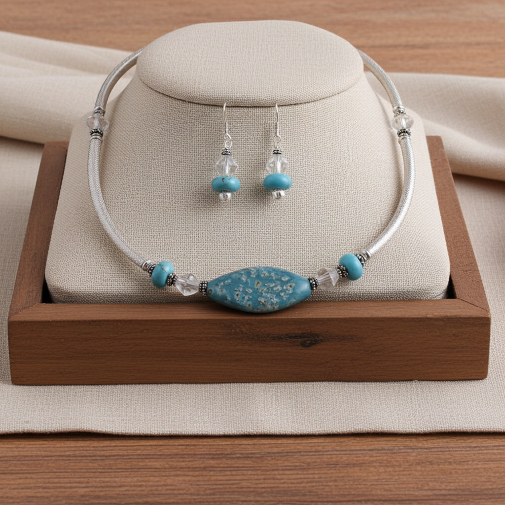 Aqua Handmade Artisan  Bead Necklace & Earring Set