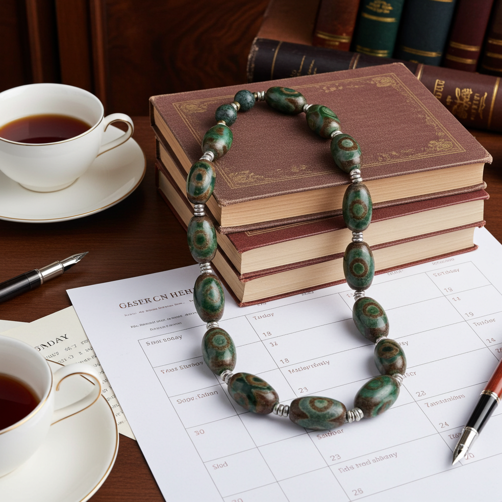 Olive Green & Tan Tibetan Agate Necklace Unisex