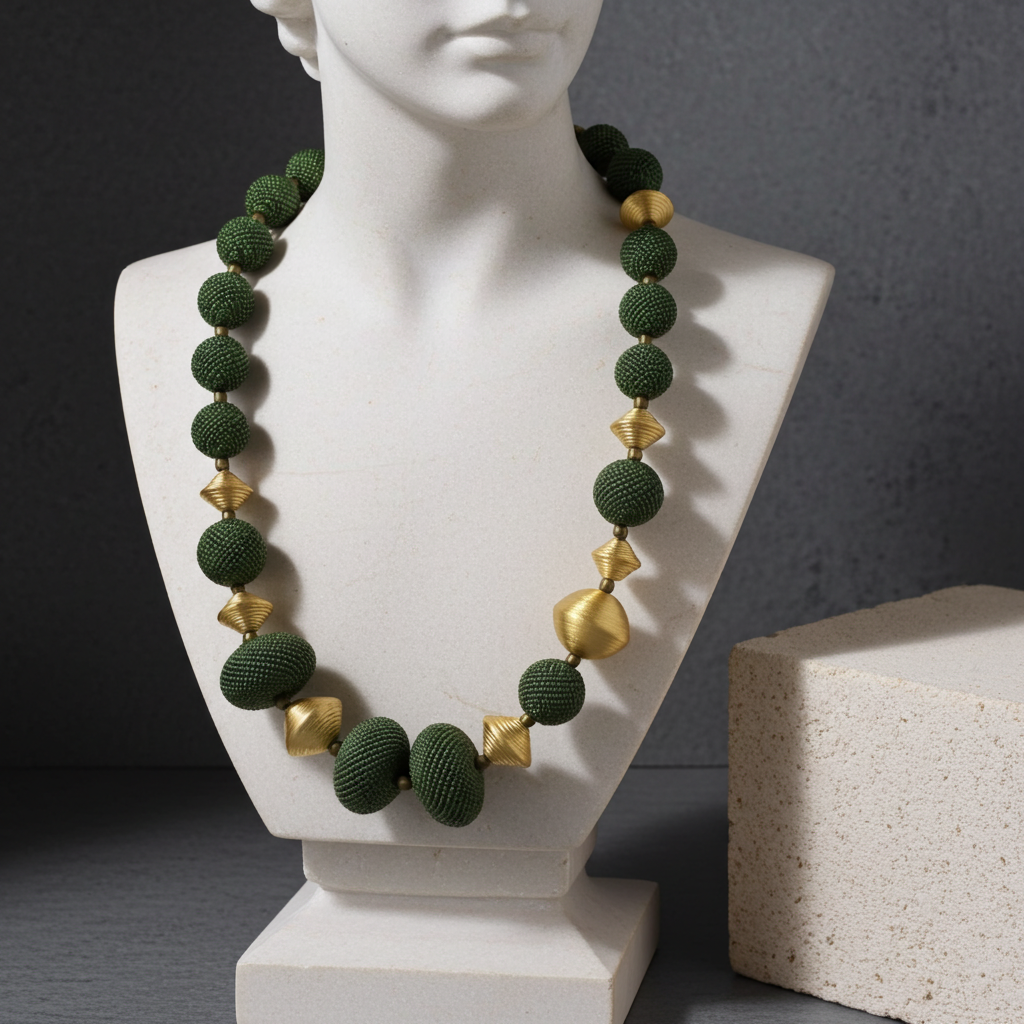 Big Bold Gold and  Green Exotic Bead Necklace