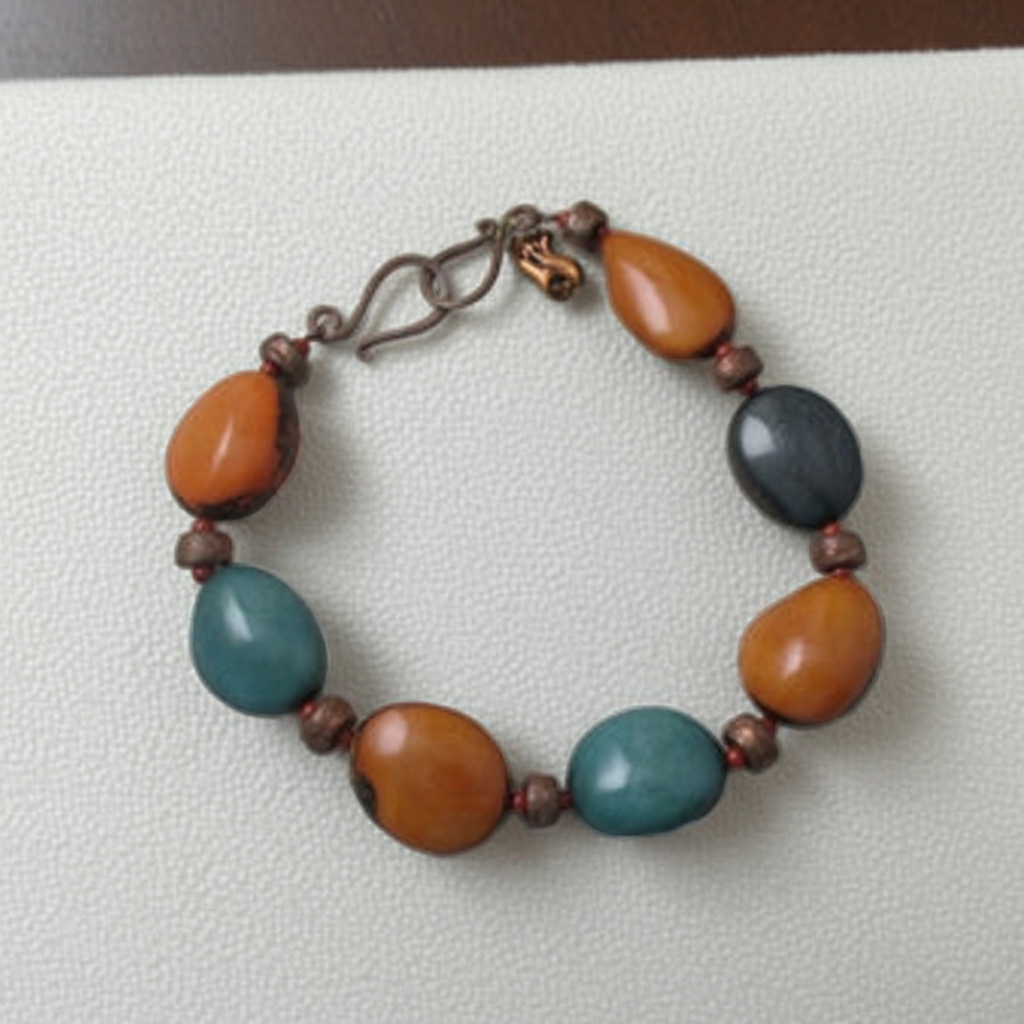 Large Pumpkin and Turquoise Tagua Nut Bead  Statement Necklace