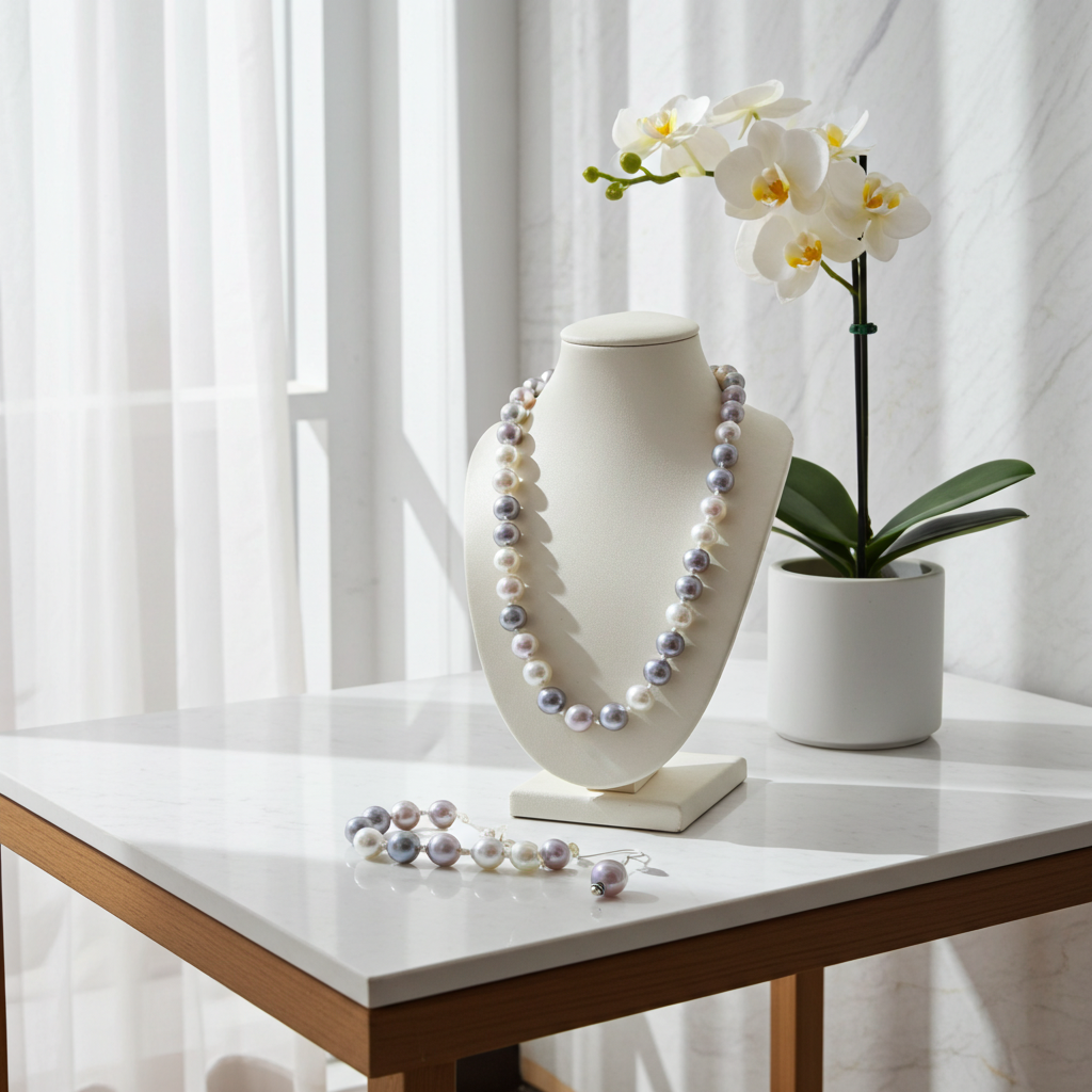 White & Gray Shell Pearl Necklace & Earrings