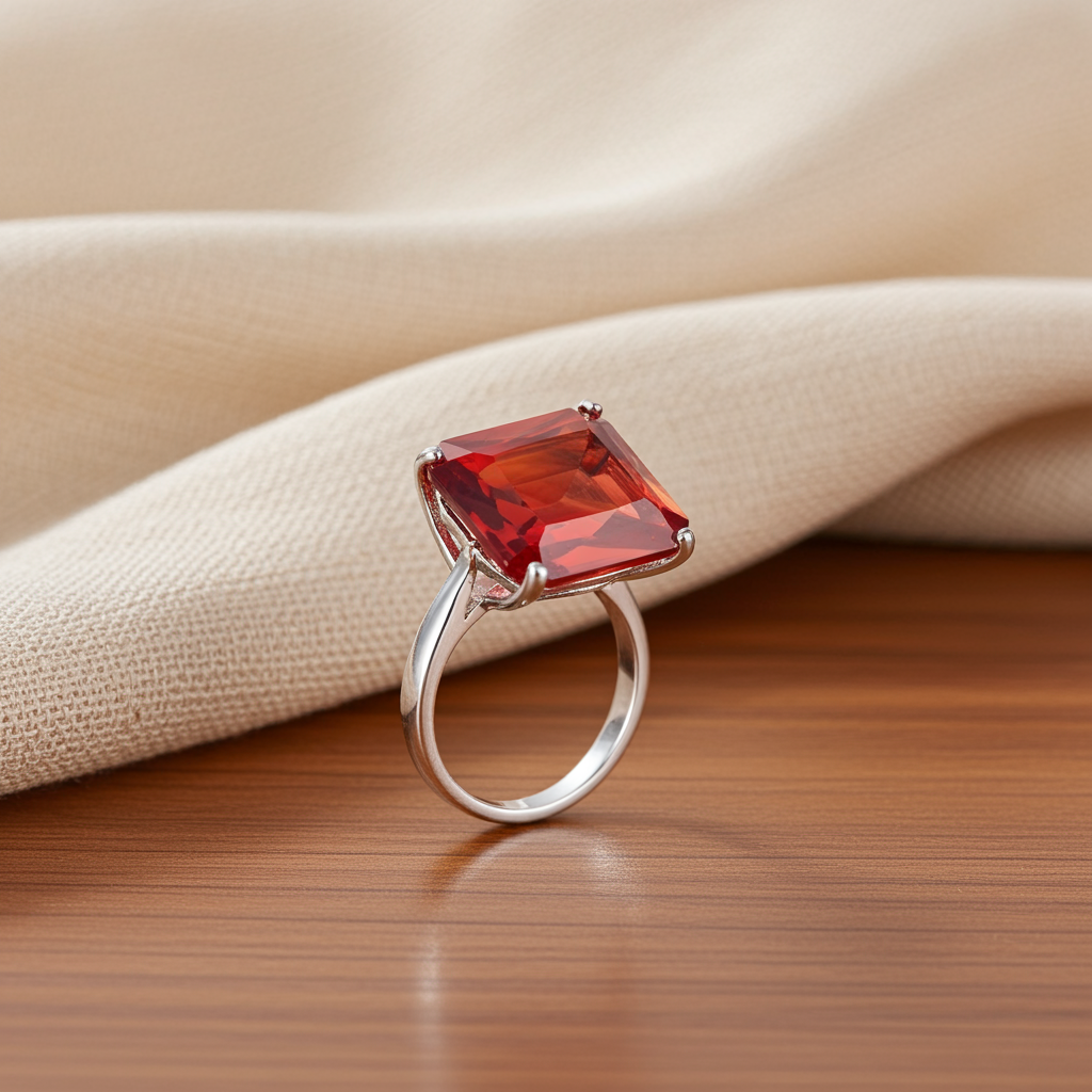 Emerald Cut Red Gemstone Padparascha Ring Size 7