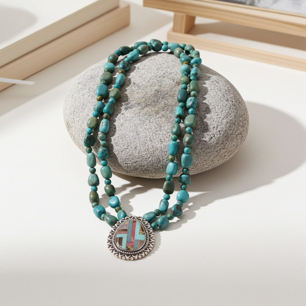 Double Strand Turquoise Nugget Necklace With Multi-stone Pendant