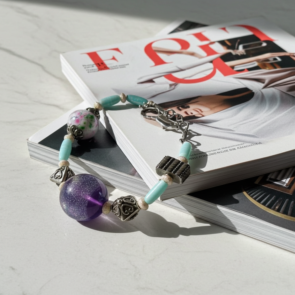 Purple, Aqua and Silver Artisan Bead  Bracelet