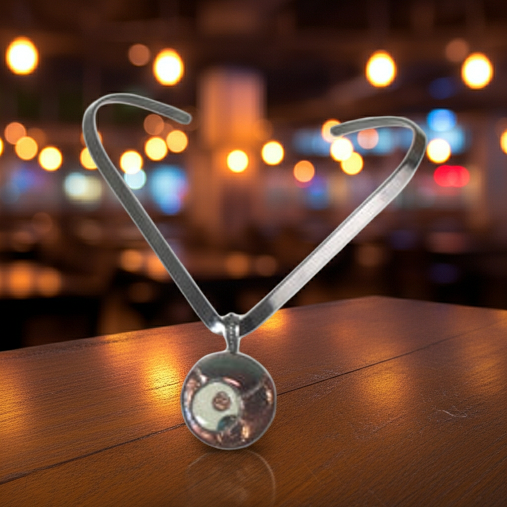 A polished silver metal heart-shaped necklace with a circular pendant, displayed on a wooden table with a warm, blurred bokeh background of lights.