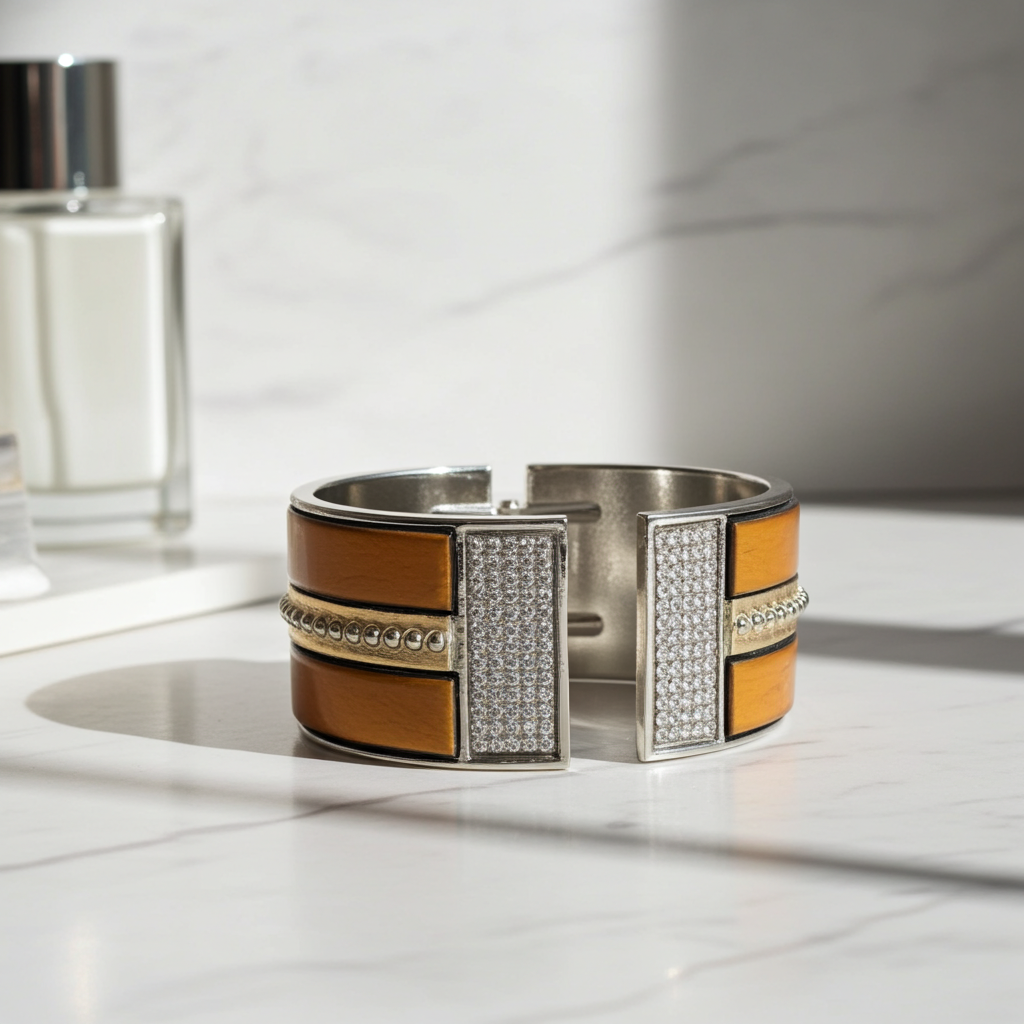 Metellic Copper Wide Crystal Cuff Bangle Bracelet in Leather