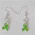 A pair of silver-toned fishhook dangle earrings with bright green awareness ribbon charms, shown on a plain light background.