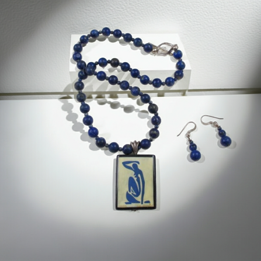 Lapis Lazuli Gemstone Blue Woman Pendant Necklace & Earrings