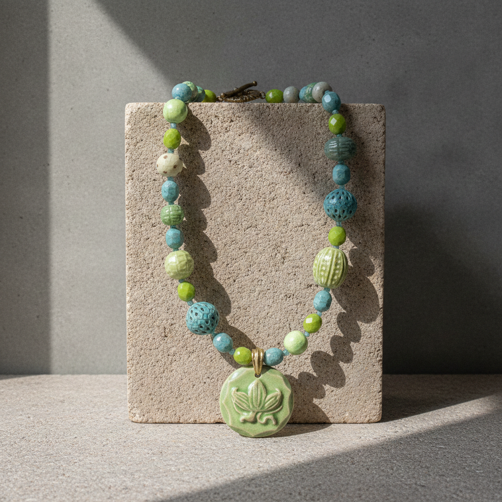 Handmade Artisan Pendant Necklace in Celery and Teal Beads