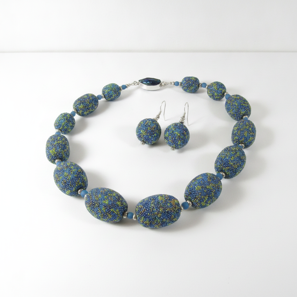 Handmade Beaded Bead Statement Necklace & Earring in Blue