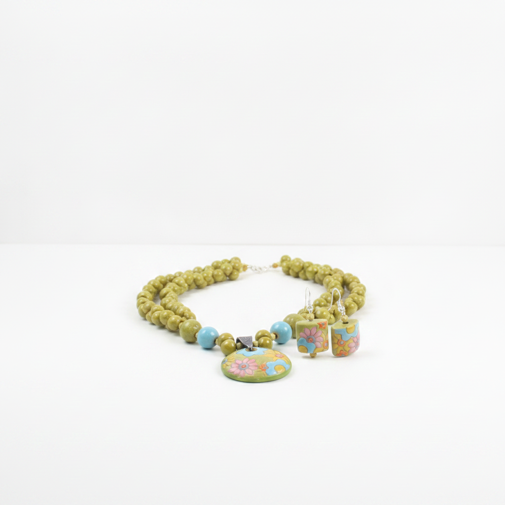 Handmade Yellow & Blue Artisan Bead Necklace & Earrings Set