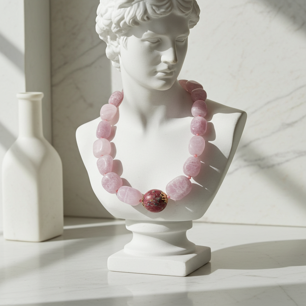 Pink Chunky Gemstone Necklace with Pretty Pink Handmade Focus