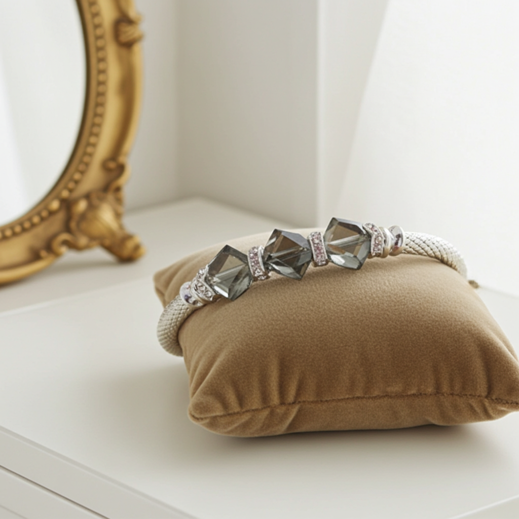 Smokey Crystal Cube  & Silver Bangle Bracelet