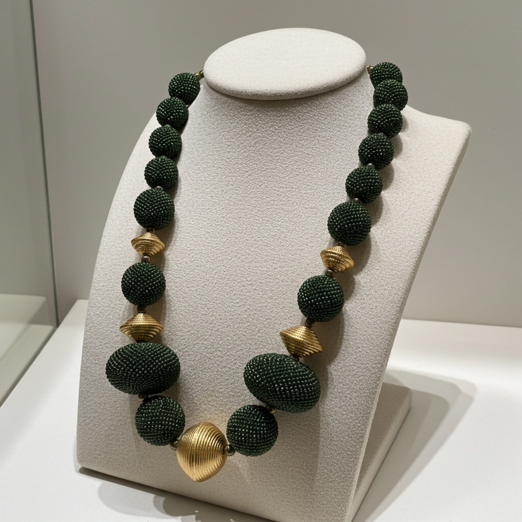 Big Bold Gold and  Green Exotic Bead Necklace
