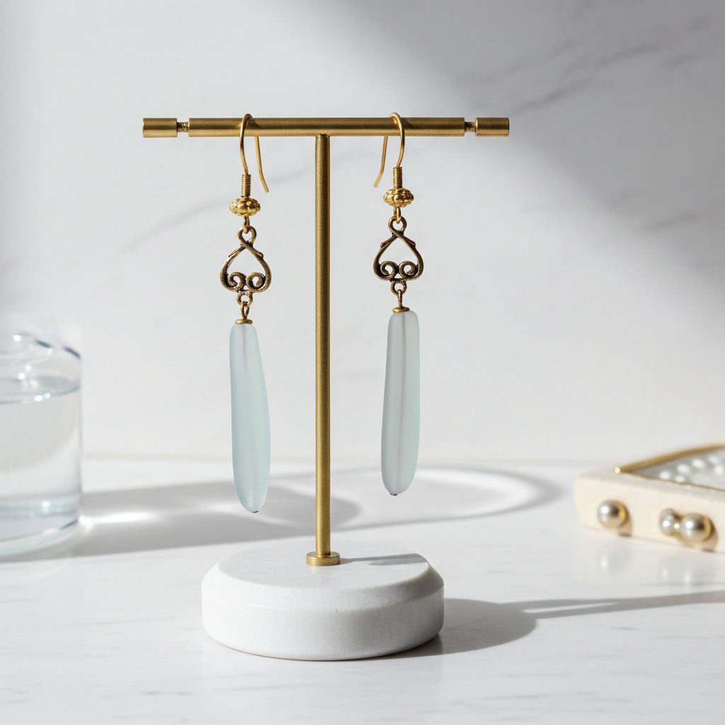 Frosted White Sea Glass Teardrop Earrings