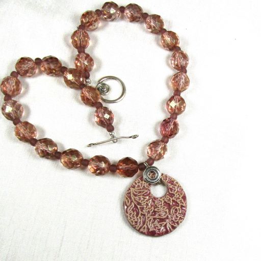 Rose Handmade Artisan Pendant on Rose Czech Crystal Beaded Necklace