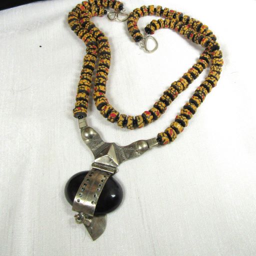 Black Red & Gold African Trade Bead Pendant Necklace