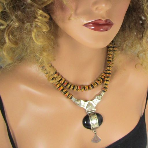 Black Red & Gold African Trade Bead Pendant Necklace