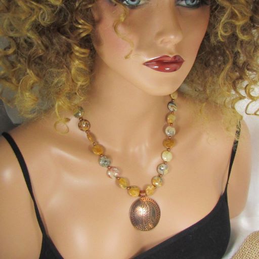 Crazy Lace Agate Gemstone Necklace with Copper Pendant