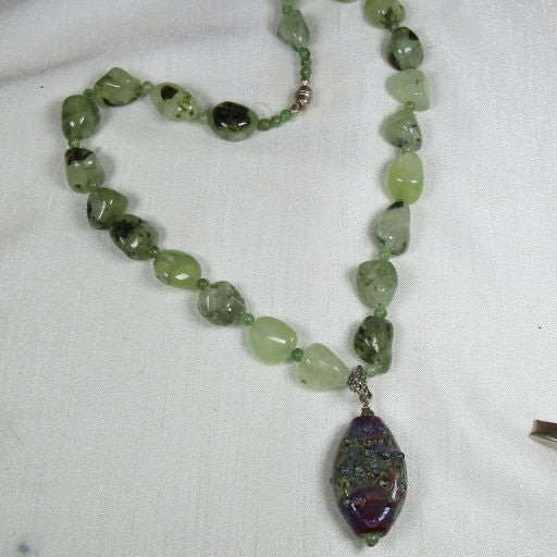 Green  Quartz Bead Necklace with Handmade Pendant