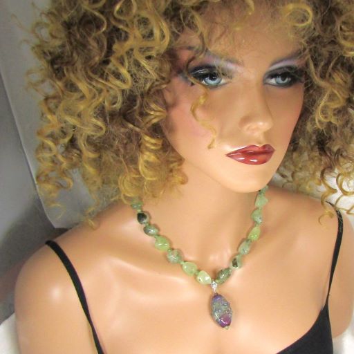 Green  Quartz Bead Necklace with Handmade Pendant