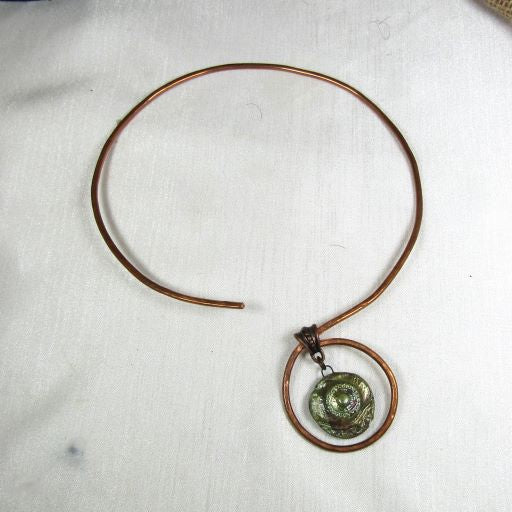 Copper Neck Wire Necklace with Green Raku GLazed Pendant