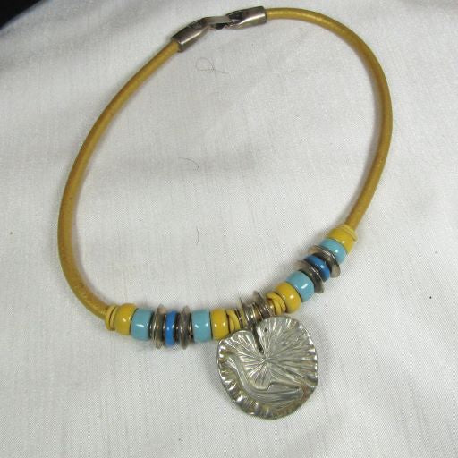 Yellow Leather Necklace with Silver Fish Motif  Pendant