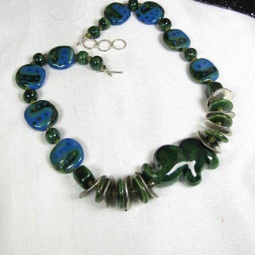Designer's Green Handmade Kazuri Necklace Elephant
