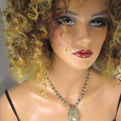 Aqua Terra Jasper Necklace  Earrings and Leather Bracelet Jewelry Set