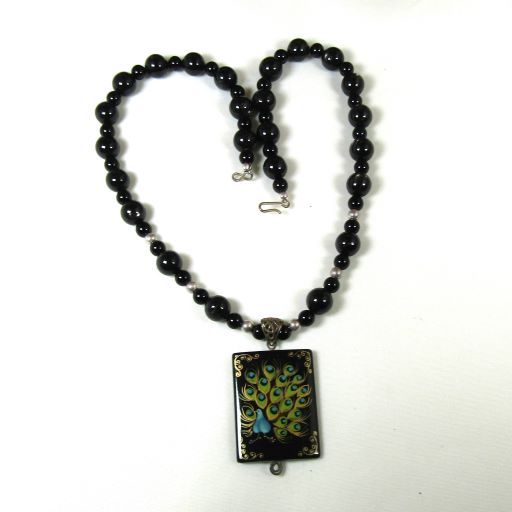 Black Onyx Bead  Necklace  Handmade Peacock Pendant