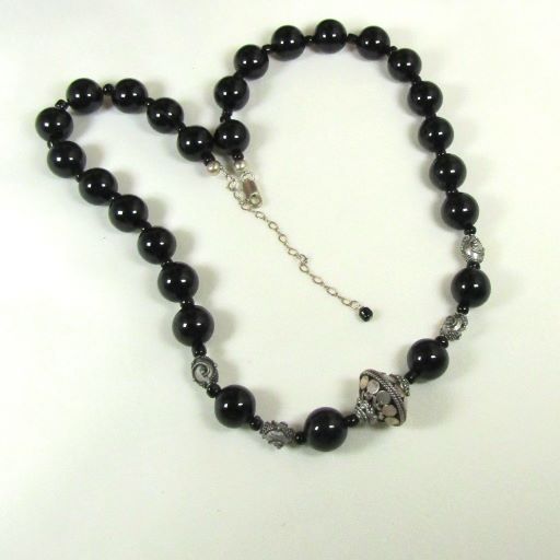 Black Onyx Beaded Necklace with Silver Accent Handmade