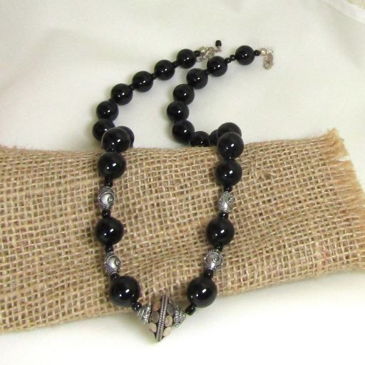 Classic black onyx gemstone necklace  with silver accents