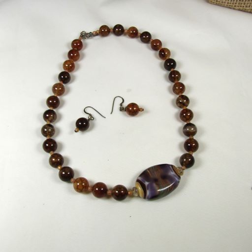 Agate and Handmade Bead Necklace and Earrings