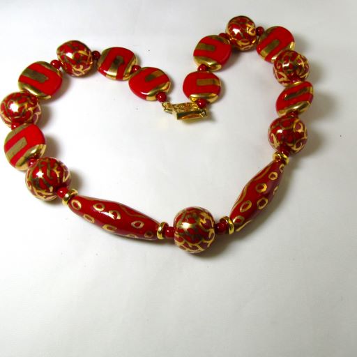 Chunky Red and Gold Fair Trade Bead  Necklace Kazuri