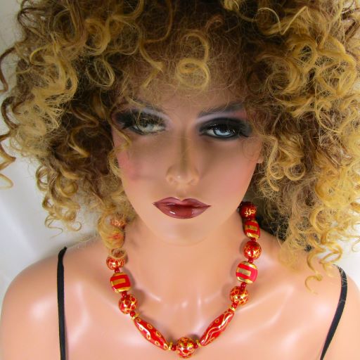 Chunky Red and Gold Fair Trade Bead  Necklace Kazuri