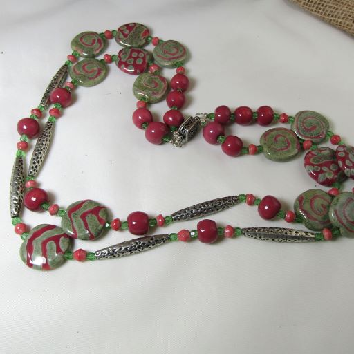 Rose and Green Double Stranded Kazuri Necklace Fair Trade
