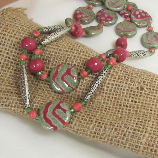 Pink & Green Fair trade Kazuri bead double strand necklace
