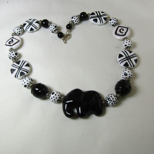 Black & White Kazuri Necklace with Black Elephant