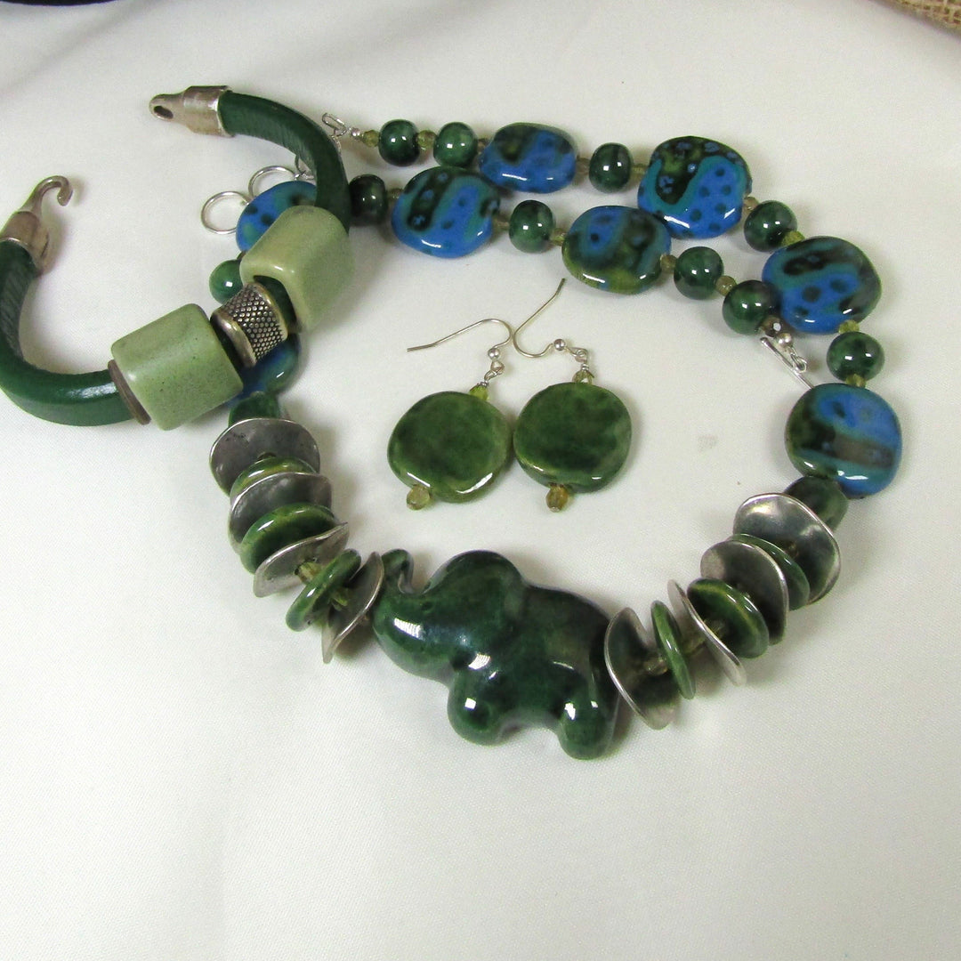 Designer Kazuri Green Elephant Necklace Earring & Leather Bracelet